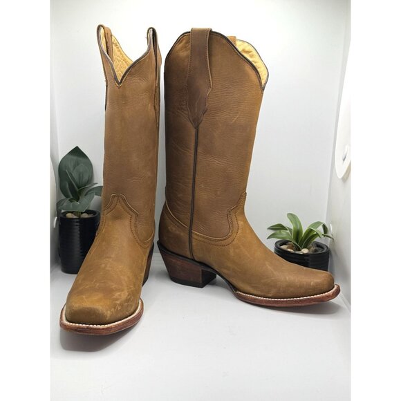 McAllen Women's Leather Western Cowboy Boots Tan Square Toe - Picture 3 of 14
